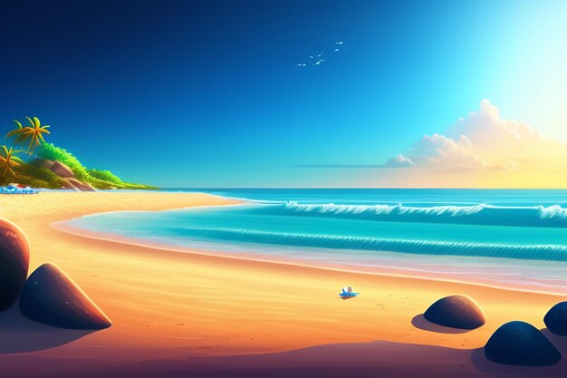 A beach with a blue sky and a small wave on the sand.