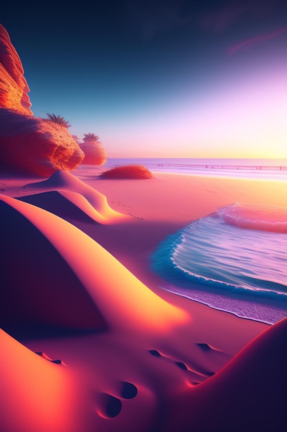 Free photo a beach with a pink sand dune and the ocean in the background.