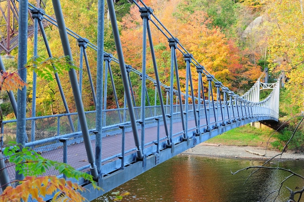 Bear Mountain with Hudson River and bridge in Autumn with colorful foliage.