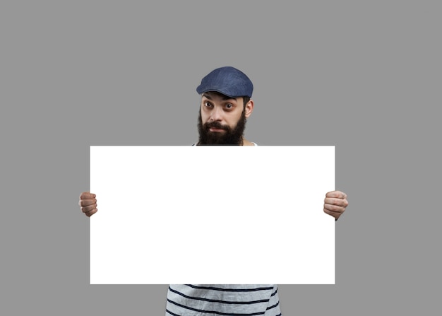 Beard man in shirt keep blank sheet of white paper for incert product or sales text.