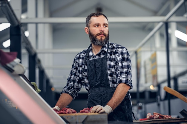 Bearded butcher dressed in a fleece shirt serving fresh cut meat in a market.