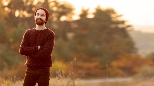 Bearded man posing with copy space