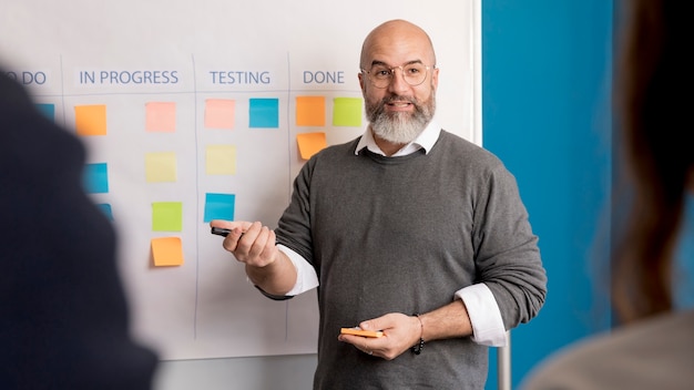 Free Photo bearded man presenting business plan