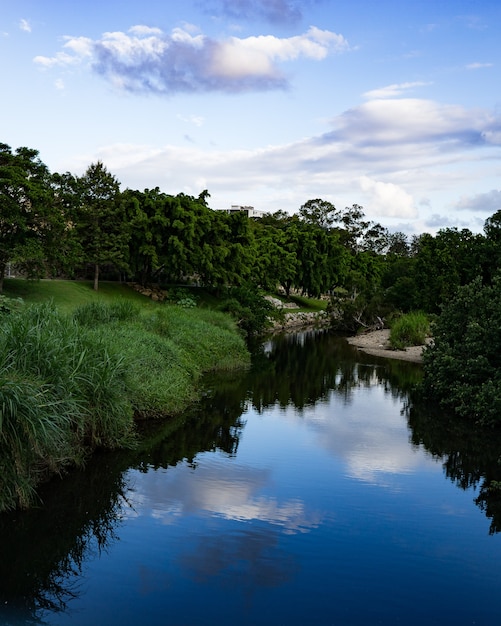 Free photo beatiful shot of a small village with a river under cloudy sky in brisbane, australia