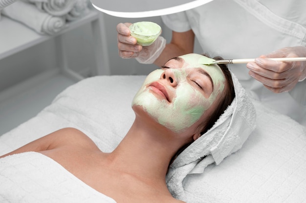 Free photo beautician applying face mask on female client