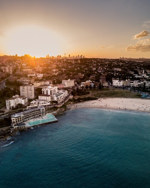 Beautiful aerial shot of a coastal city and the sea