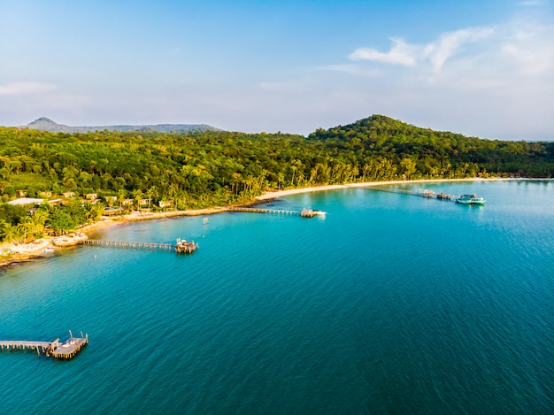 Beautiful Aerial view of beach and sea with coconut palm tree