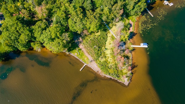 Beautiful aerial view of a lake and surrounding greenery