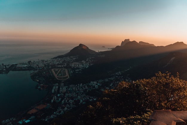 Beautiful aerial view of a landscape in Rio de Janeiro during sunset