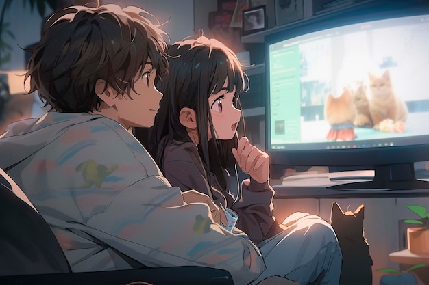 Beautiful anime couple cartoon scene