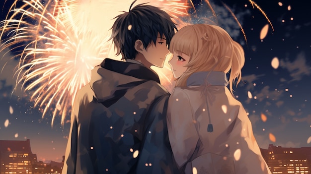 Beautiful anime couple on new year's eve