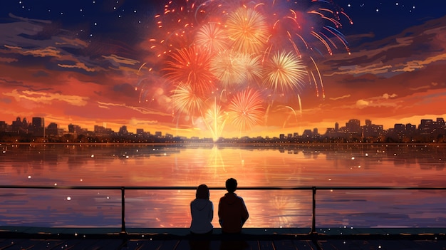 Beautiful anime couple on new year's eve