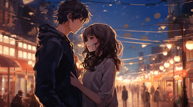 Beautiful anime couple on new year's eve