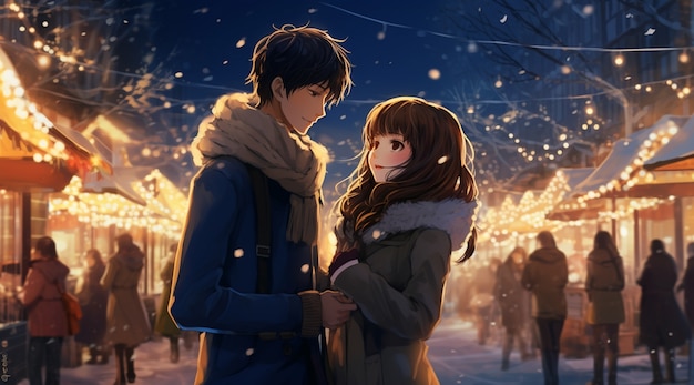 Beautiful anime couple on new year's eve