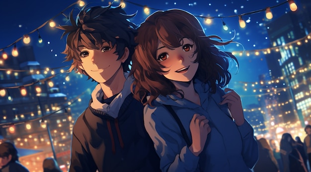 Beautiful anime couple on new year's eve