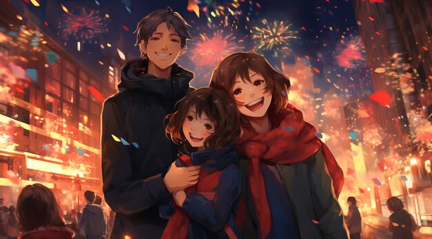 Free photo beautiful anime family on new year's eve