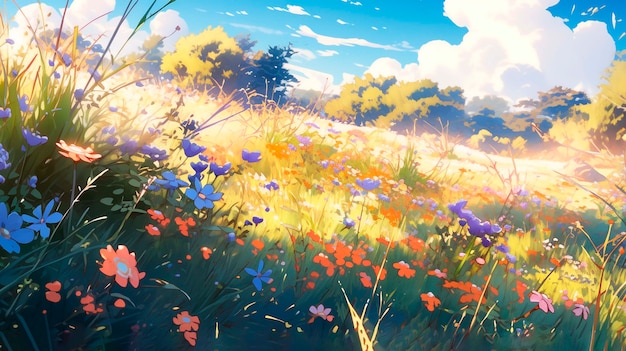 Beautiful anime flowers cartoon scene