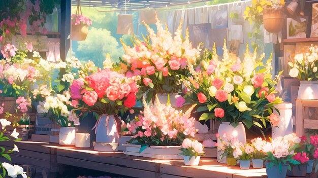 Beautiful anime flowers cartoon scene