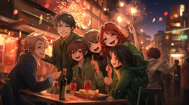 Beautiful anime friends on new year's eve  dinner