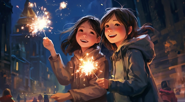 Beautiful anime new year's eve scene