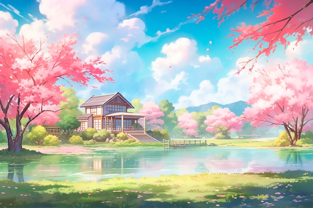 Free photo beautiful anime sakura landscape cartoon scene