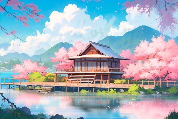 Beautiful anime sakura landscape cartoon scene