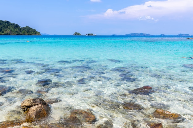 beautiful beach view Koh Chang island seascape at Trad province Eastern of Thailand on blue sky background