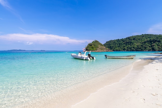 beautiful beach view Koh Chang island seascape at Trad province Eastern of Thailand on blue sky background