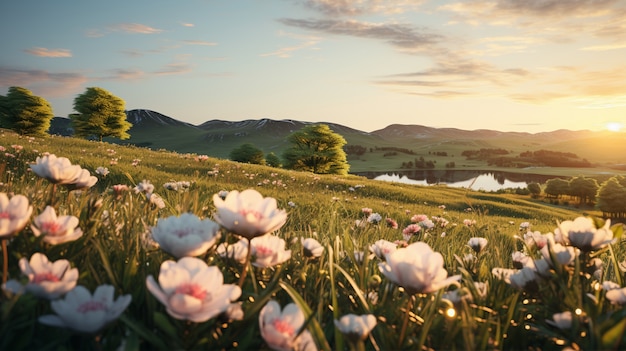 Free Photo beautiful blooming flower field spring season