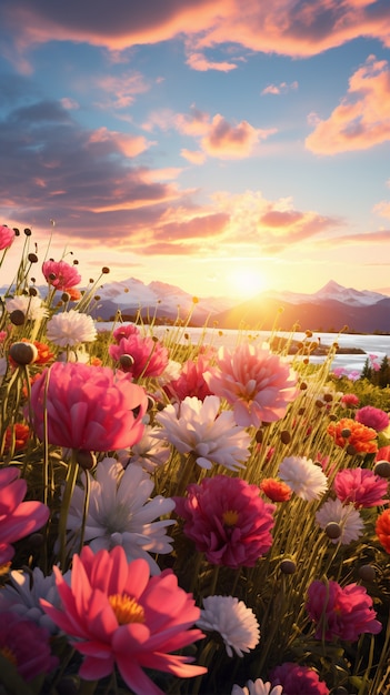 Beautiful blooming flower field spring season