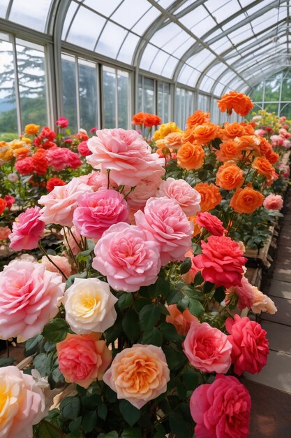 Beautiful blooming roses in greenhouse