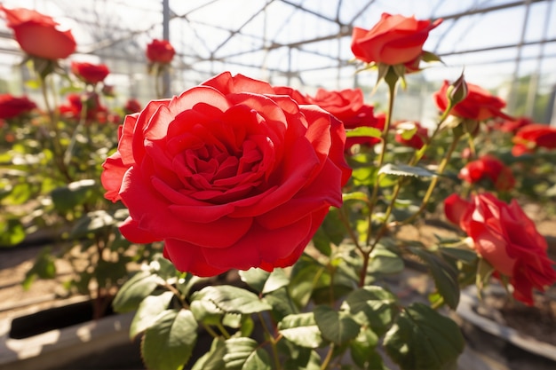 Free photo beautiful blooming roses in greenhouse