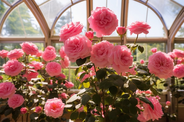 Free photo beautiful blooming roses in greenhouse