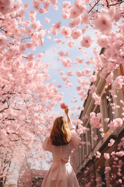 Free photo beautiful blooming trees in town spring season