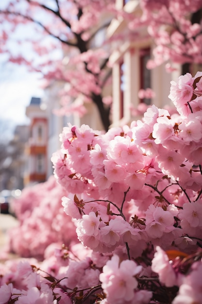 Beautiful blooming trees in town spring season