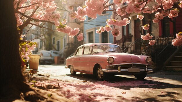 Beautiful blooming trees in town spring season