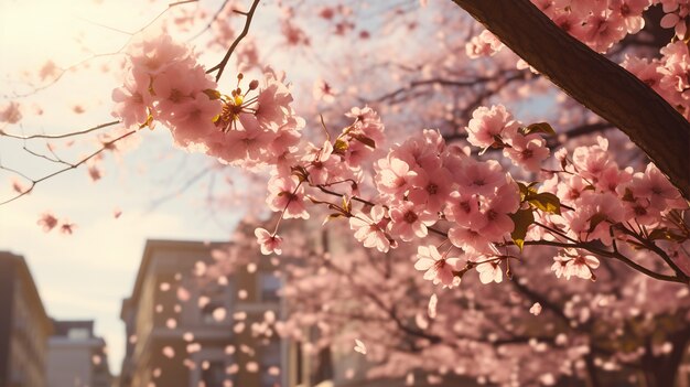 Beautiful blooming trees in town spring season