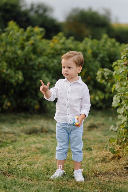 Beautiful boy playing with bubbles on sunny day in the garden.