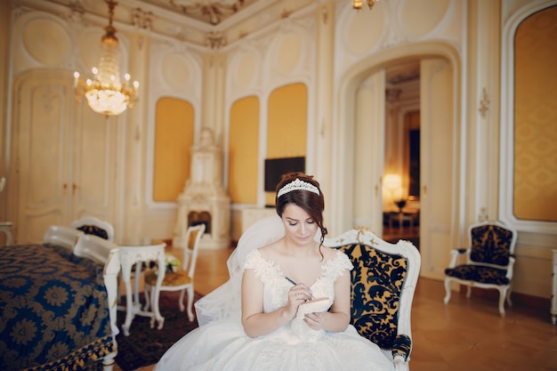 Free photo beautiful bride in a magnificent white dress and a crown on his head