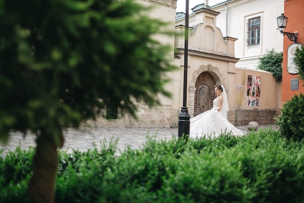 Free photo beautiful bride walks on the wedding day