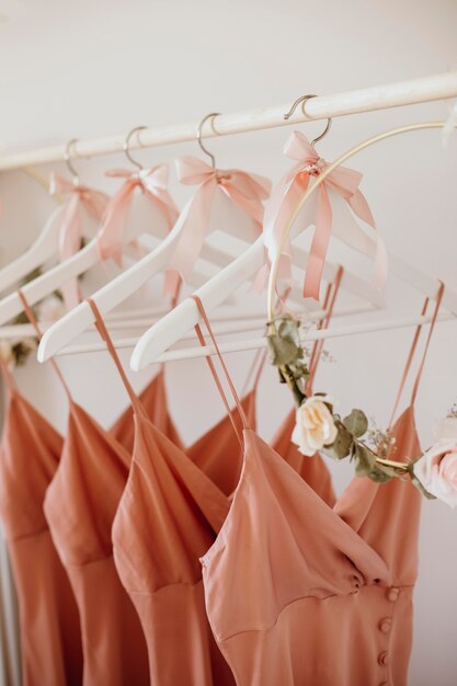 Beautiful bridesmaids dresses in hangers