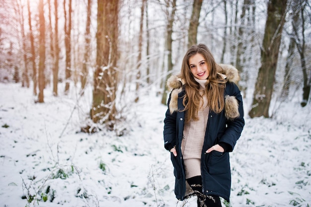 Beautiful brunette girl in winter warm clothing Model on winter jacket