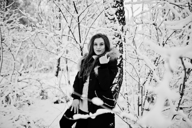 Beautiful brunette girl in winter warm clothing Model on winter jacket