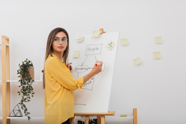 Beautiful business woman working on a diagram