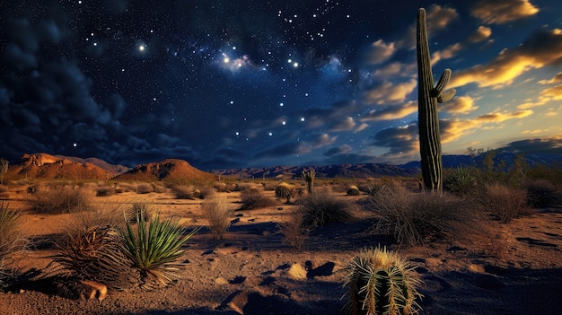 Free Photo beautiful cacti plant with desert landscape and night time