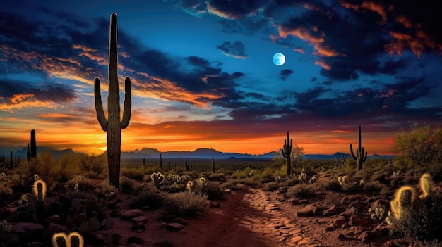 Free Photo beautiful cacti plant with desert landscape and night time