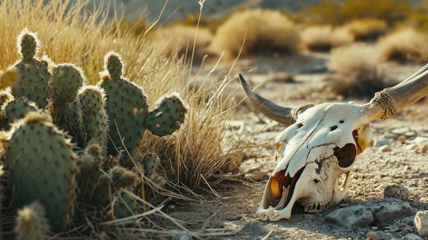 Free photo beautiful cacti plant with desert landscape and skull