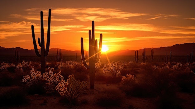 Free photo beautiful cacti plant with desert landscape and sunset