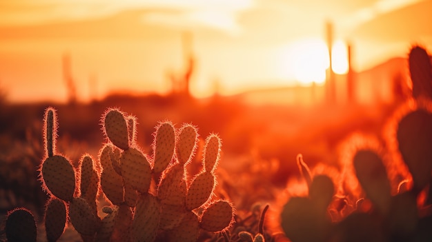 Free photo beautiful cacti plant with desert landscape and sunset