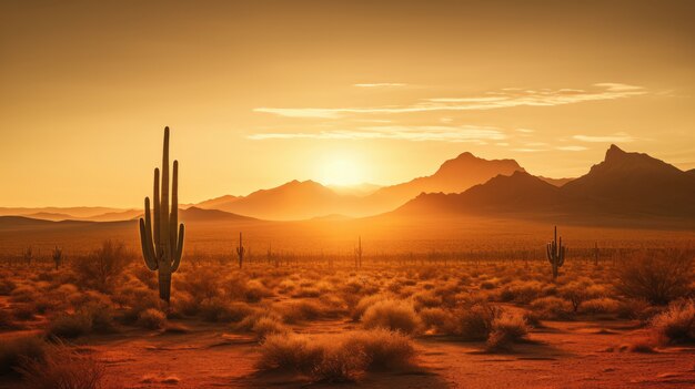 Beautiful cacti plant with desert landscape and sunset